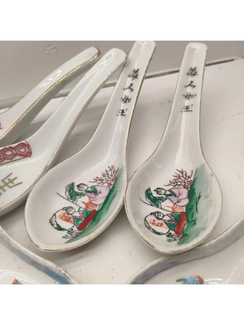 Vtg Chinese Porcelain Spoon Lot Koi Fish Birds Hand Painted 8 Total
